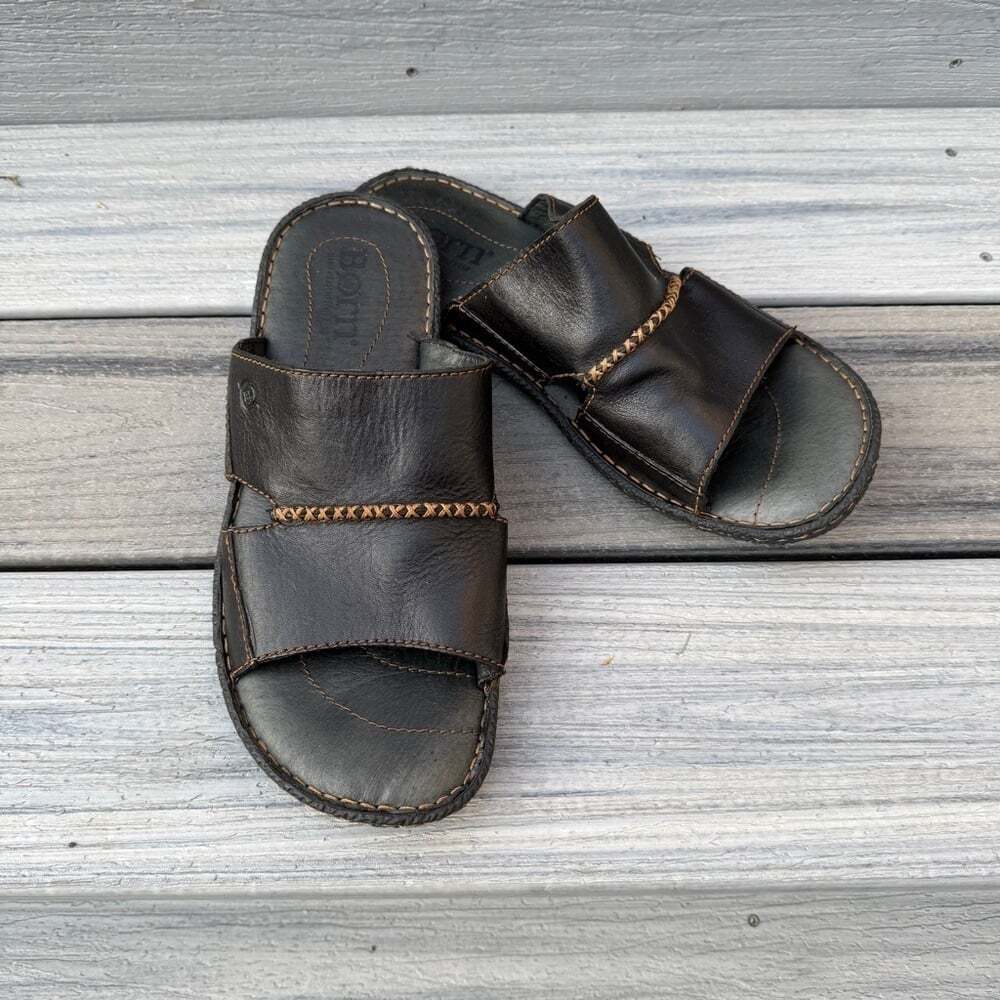 Born Sandals Black Leather and Tan Stitched Size 10/44